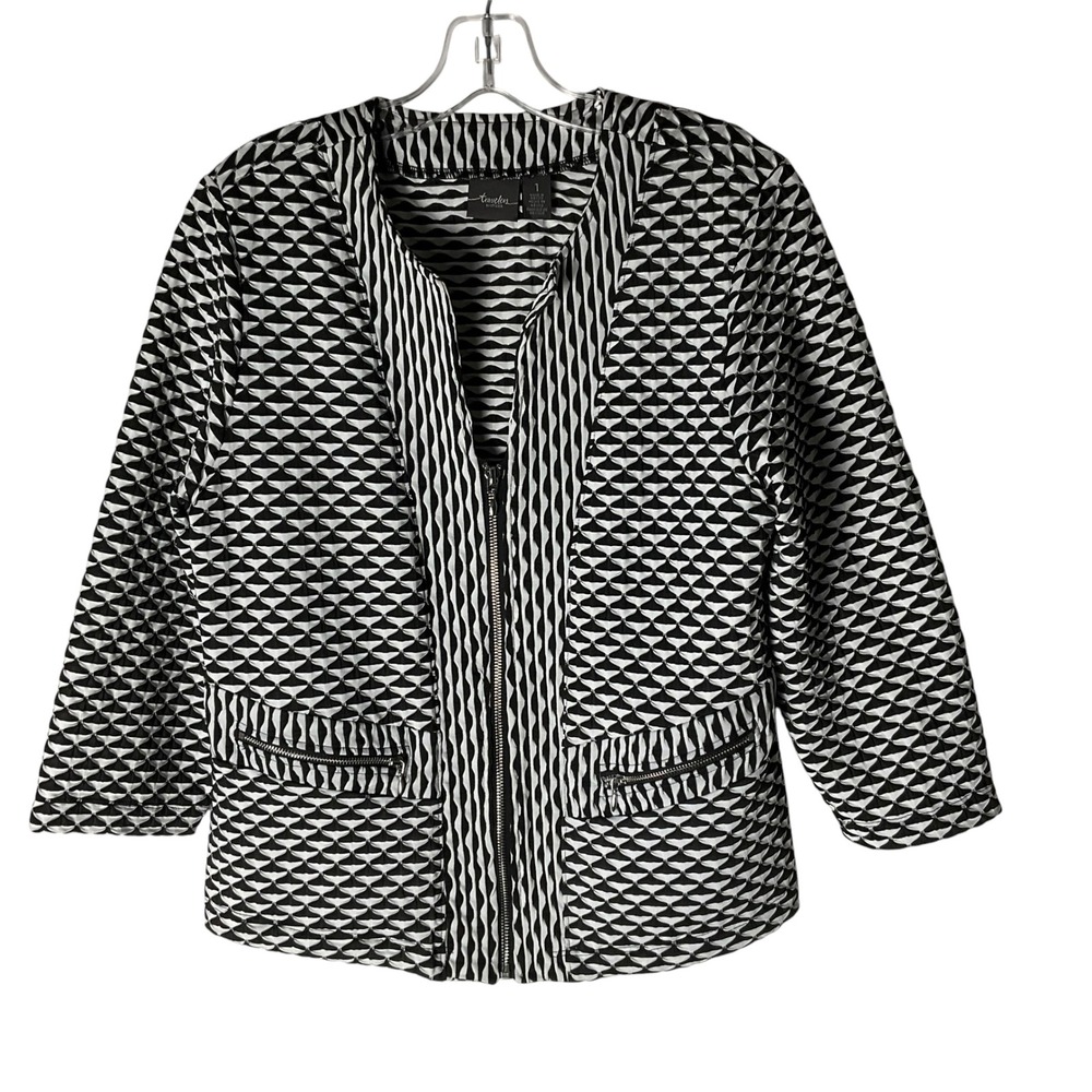 Chicos Travelers Jacket Blazer Zip-Front Textured Black White Geometric Medium